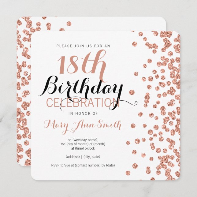 18th Birthday Rose Gold Faux Glitter Confetti Invitation (Front/Back)