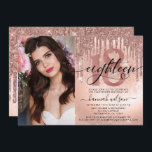 18th Birthday Rose Gold Foil & Glitter Photo Invitation<br><div class="desc">Modern,  trendy 18th birthday party invitation. Design features single photo,  typography script,  rose gold glitter drips,  faux foil and sparkly glitter background,  number 18 in trendy rose gold lettering and party details.</div>