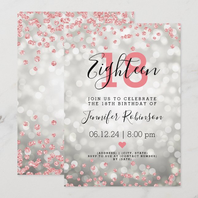 18th Birthday Rose Gold Glitter Lights Silver Invitation (Front/Back)
