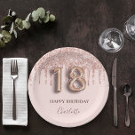 18th birthday rose gold glitter pink balloon style paper plate<br><div class="desc">Elegant, classic, glamourous and girly for a 18th birthday party. Blush pink background. Decorated with rose gold faux glitter drips, paint dripping look. Personalize and add a name. With the text: Happy Birthday. The name is written with a modern dark rose coloured hand lettered style script. Number 18 is written...</div>
