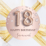 18th birthday rose gold pink diamonds classic round sticker<br><div class="desc">Elegant, classic, glamourous and girly for a 18th birthday party. Rose gold and blush pink, gradient background. Decorated with pink sparkling diamonds. Personalize and add a name. With the text: Happy Birthday plus the birthday girls name. The name is written with a modern dark rose coloured hand lettered style script....</div>
