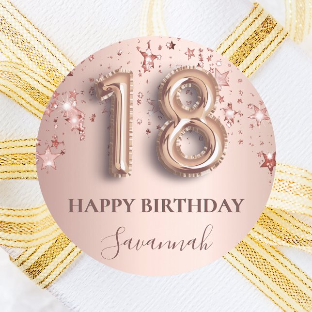 18th birthday rose gold pink stars balloon font classic round sticker (Creator Uploaded)