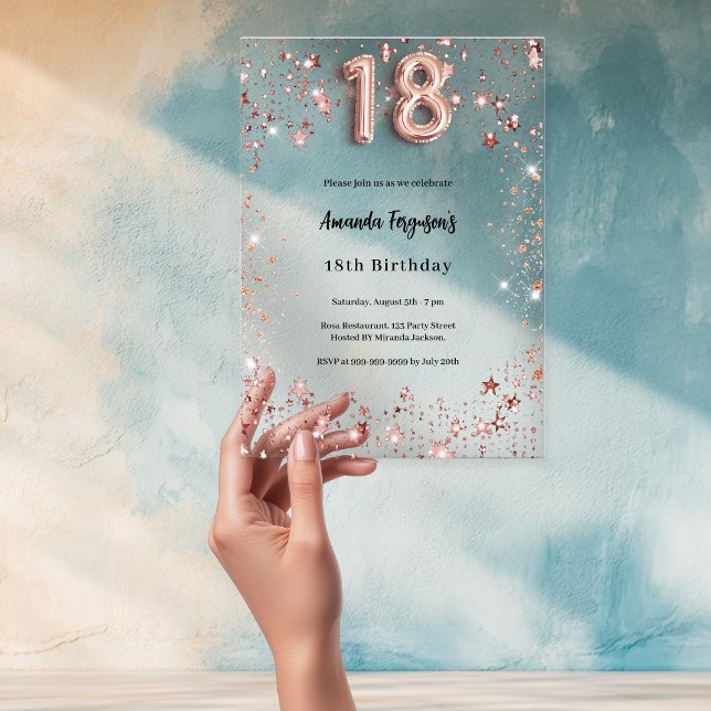18th birthday rose gold stars clear party acrylic invitations (Creator Uploaded)
