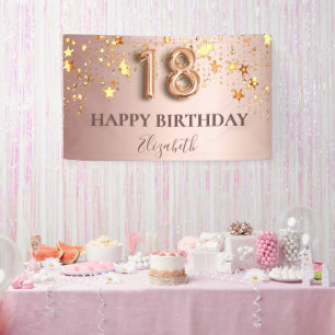 18th birthday rose gold stars pink balloon script banner