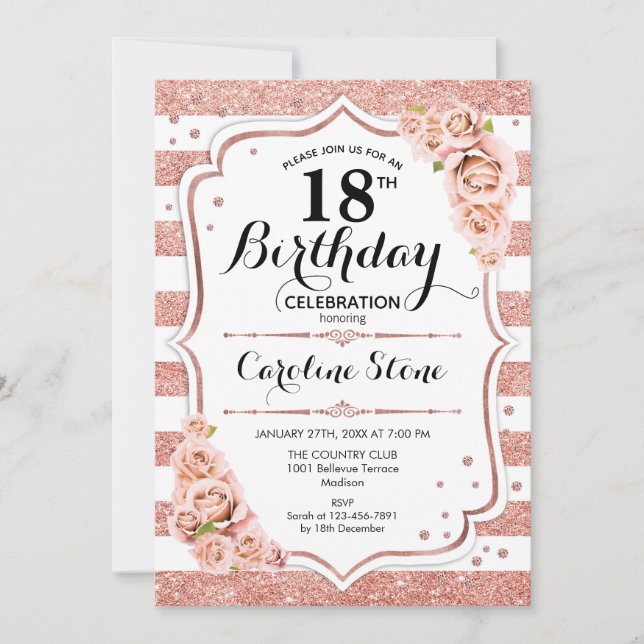 18th Birthday -  Rose Gold White Stripes Invitation (Front)