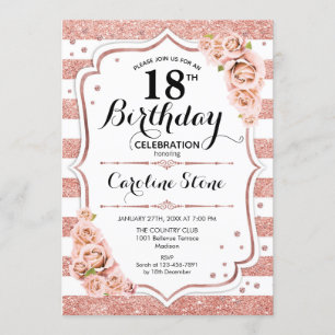 18th Birthday -  Rose Gold White Stripes Invitation