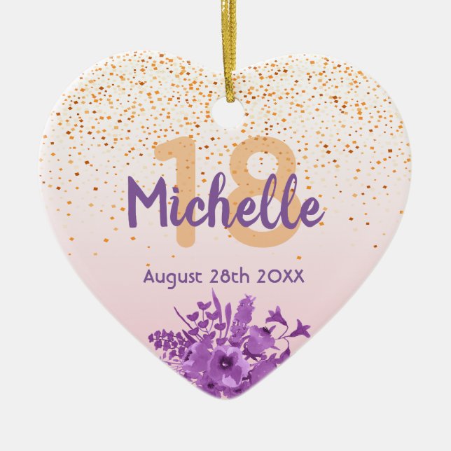 18th birthday rose gold with confetti and flowers ceramic ornament (Front)