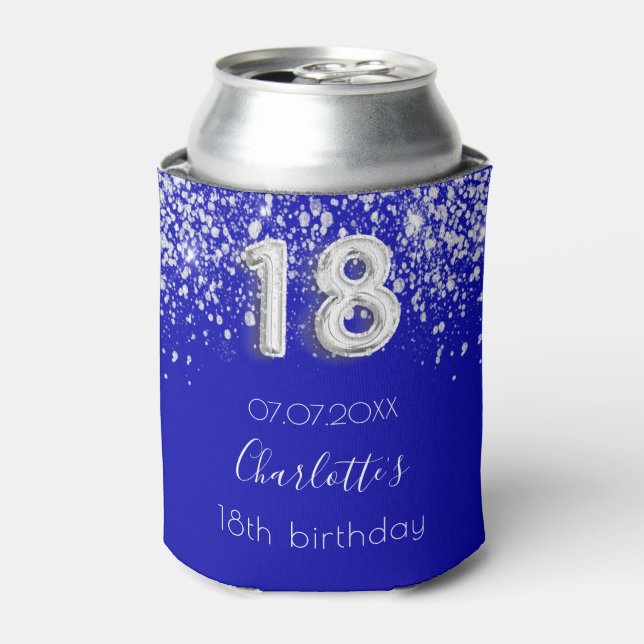 18th birthday royal blue silver glitter name can cooler (Can Front)