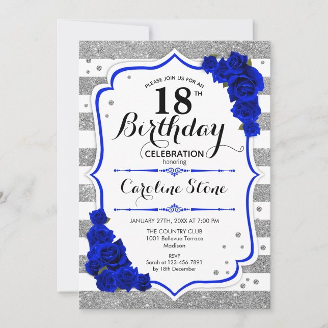 18th Birthday - Royal Blue Silver White Stripes Invitation (Front)