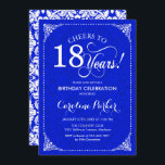 18th Birthday - Royal Blue White Damask Invitation<br><div class="desc">18th Birthday Invitation.
Elegant vintage royal blue and white design with damask pattern. Features script font. Cheers to 18 years! Can be personalized into any age! Message me if you need further customization.</div>
