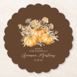 18th Birthday Rustic Boho Pumpkin Fall Custom Paper Coaster<br><div class="desc">Elegant watercolor orange pumpkins are nestled in a variety of fall foliage and flowers. A dark,  rich brown background frames it to perfection. Perfect for an autumn celebration.</div>