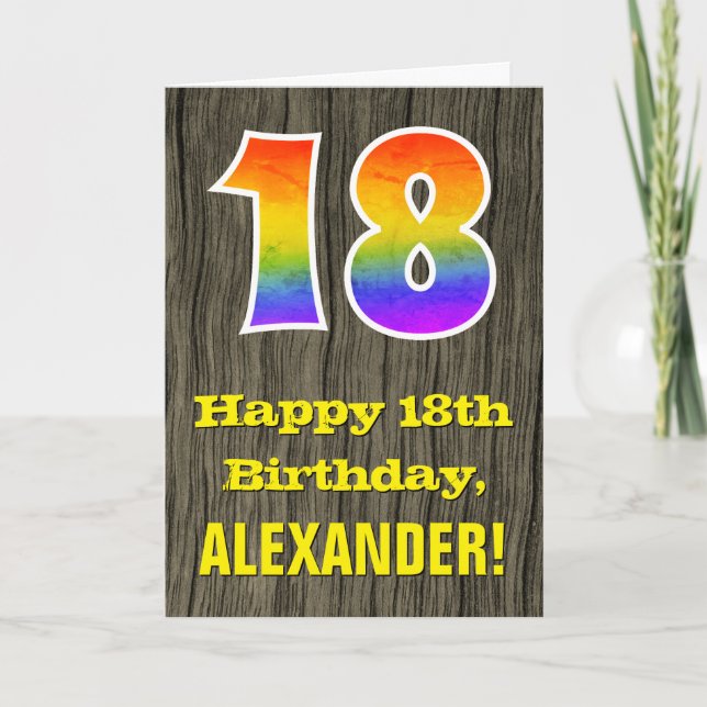18th Birthday: Rustic Faux Wood Look, Rainbow "18" Card (Front)