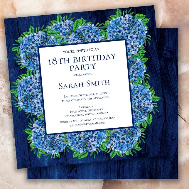 18th Birthday Rustic Wood Blue Hydrangeas Party Invitation (Creator Uploaded)