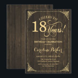 18th Birthday - Rustic Wood Gold Invitation<br><div class="desc">18th Birthday Invitation.
Elegant rustic vintage design with wood pattern,  faux gold and script font. Cheers to 18 years! Can be personalized into any age! Message me if you need further customization.</div>