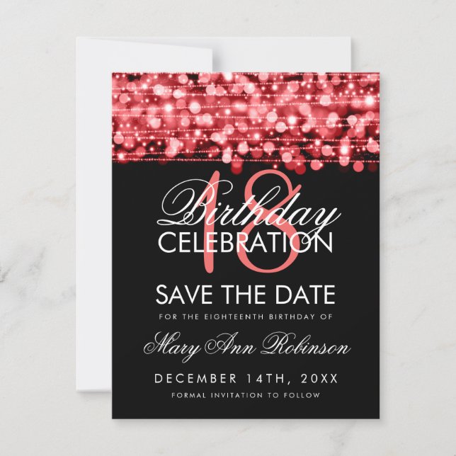 18th Birthday Save The Date Party Sparkles Red (Front)