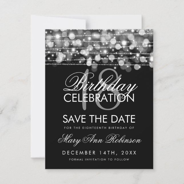 18th Birthday Save The Date Party Sparkles Silver (Front)