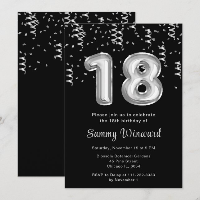 18th Birthday Silver Balloons with Confetti Invitation (Front/Back)
