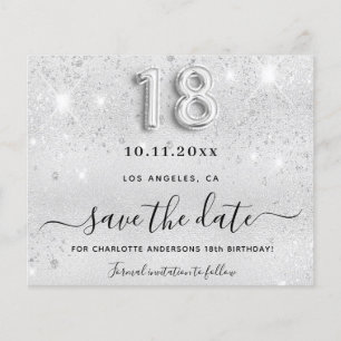 18th birthday silver glitter budget save the date flyer