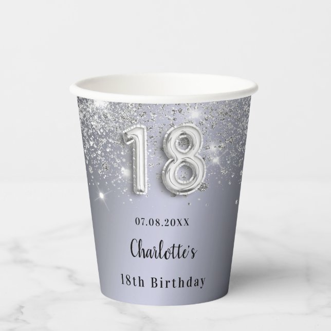 18th birthday silver glitter monogram paper cups (Front)