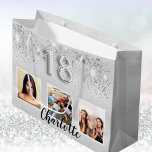 18th birthday silver glitter photo name large gift bag<br><div class="desc">A gift bag for a girly and glamourous 18th birthday.  A silver looking  background with glitter. Personalize and add 3 photos and a name.  Number 18 is written with a balloon style font. Perfect as a party favour bag or as a gift  bag.</div>