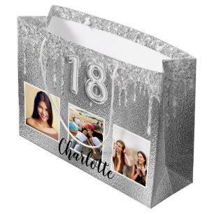 18th birthday silver glitter photo name large gift bag