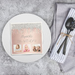 18th birthday silver glitter rose gold blush photo napkin<br><div class="desc">A napkin for a girly and glamourous 18th birthday party. A faux rose gold metallic looking background with an elegant rose gold and faux silver glitter drips, paint dripping look. The text: The name is written in grey with a large modern hand lettered style script. Personalize and add name, age...</div>