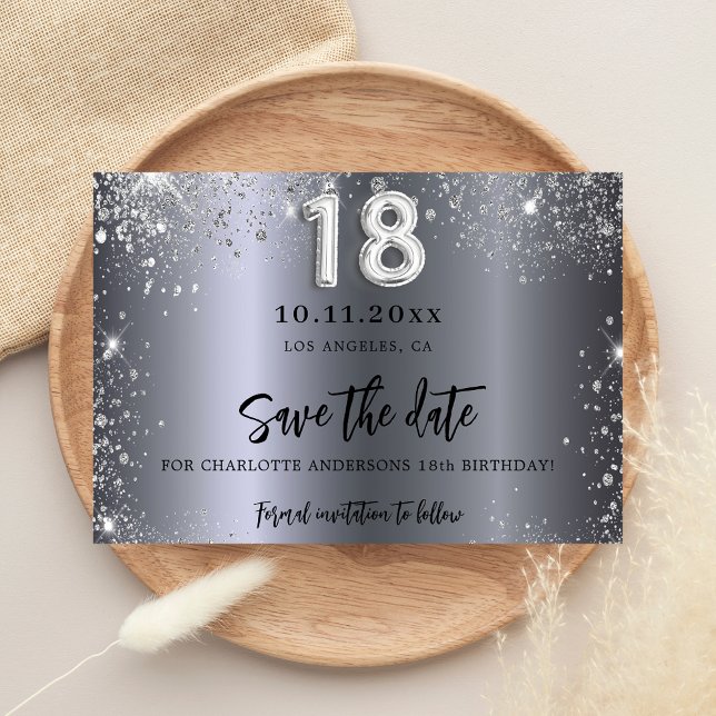 18th birthday silver glitter save the date card (Creator Uploaded)