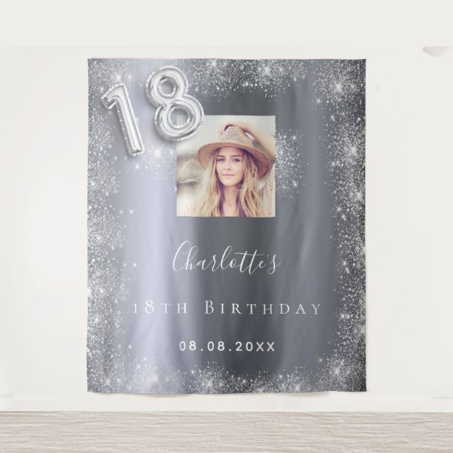 18th birthday silver photo glitter dust welcome  tapestry (Front)