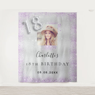 18th birthday silver photo purple glitter welcome tapestry
