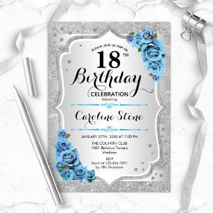 18th Birthday - Silver Stripes Icy Blue Roses Invitation