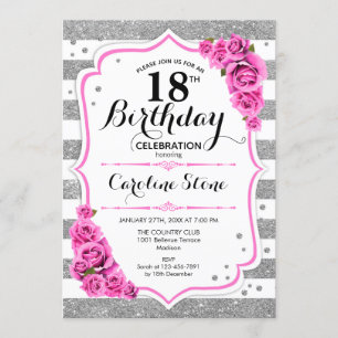 18th Birthday -  Silver White Stripes Pink Roses Invitation