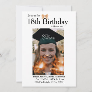 18th birthday simple minimal bow white photo name invitation