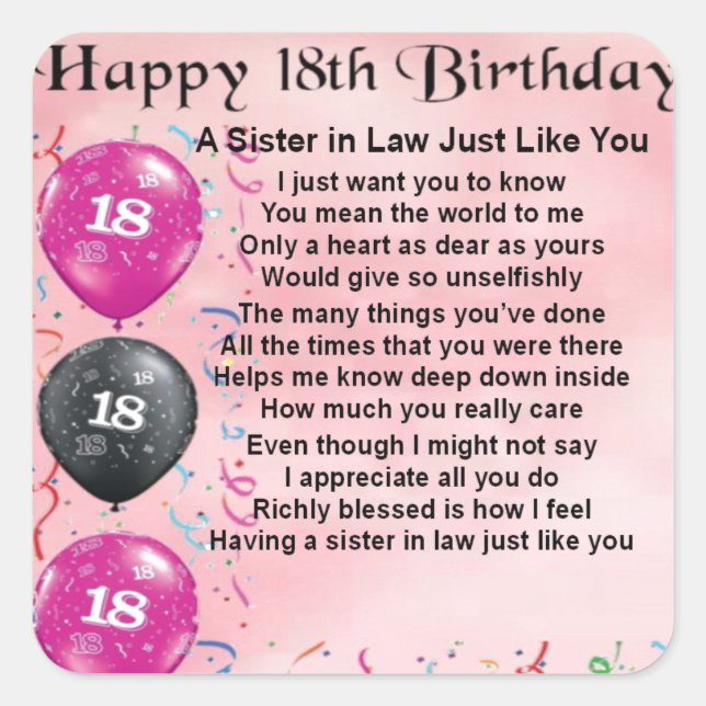 18th Birthday - Sister in Law Poem Square Sticker (Front)