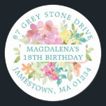18th Birthday Summer Floral Return Address Label<br><div class="desc">Add a special touch to your birthday invitation envelopes with this elegant round design. It features a summer watercolor floral in the centre. Blue eucalyptus leaves give it a rustic botanical vibe. The name and birthday is written across the centre on a white strip, and the address is added in...</div>