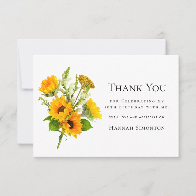 18th Birthday Sunflower Bouquet Personalized Thank You Card (Front)