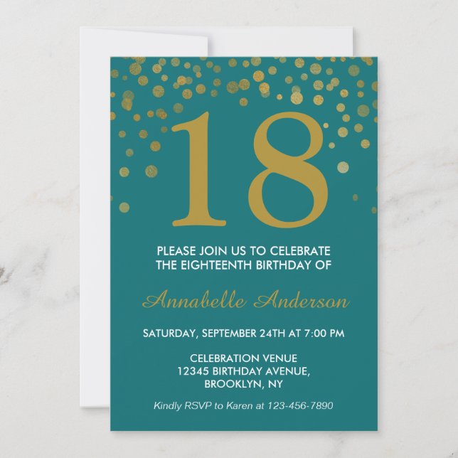 18th Birthday Teal Gold Confetti Dot Modern Chic Invitation (Front)