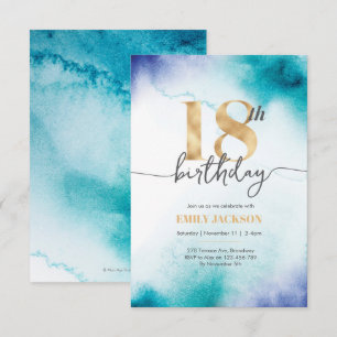 18th birthday Turquoise watercolor gold invitation