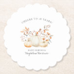 18th Birthday White Pumpkin Fall Leaves Custom Paper Coaster<br><div class="desc">Modern and elegant white pumpkin and fall leaves botanical design. The soft watercolor palette is a sophisticated blend of soft terracotta golden yellow sage and brown. Perfect for your fall birthday party.</div>