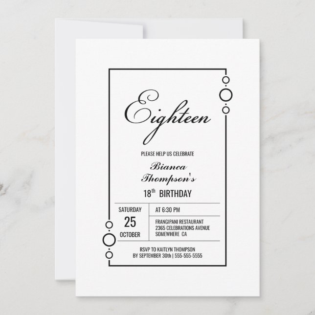 18th Birthday White with Black Frame Party Invitation (Front)