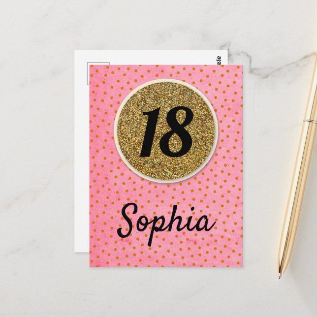 18th - Birthday wishes pink glitter card girl (Front/Back In Situ)