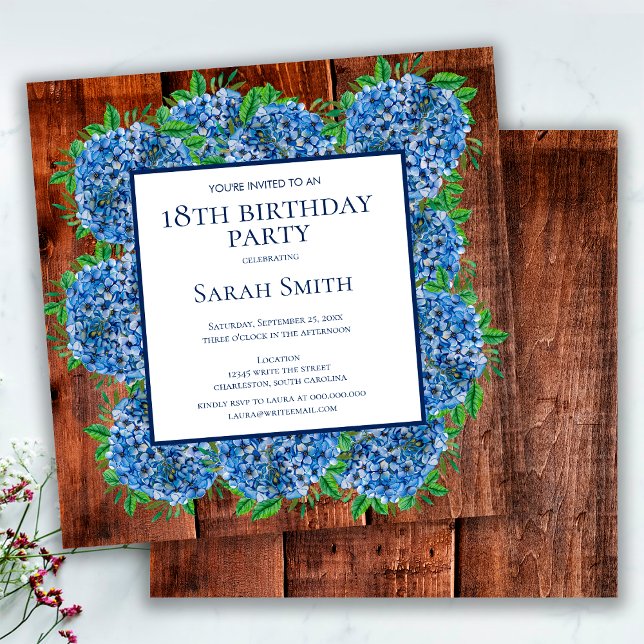 18th Birthday Wood Blue Hydrangeas Rustic Party Invitation (Creator Uploaded)