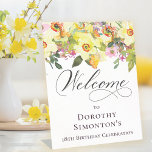 18th Birthday Yellow Daffodil Wildflower Welcome Pedestal Sign<br><div class="desc">Pretty springtime flower arrangement features yellow daffodils and purple wildflowers nestled in greenery. This tabletop sign stands up on its own. Just one less thing to think about, right? The calligraphy adds an elegant touch. This item is part of the Rustic Boho Yellow Daffodil collection. It lets you choose a...</div>