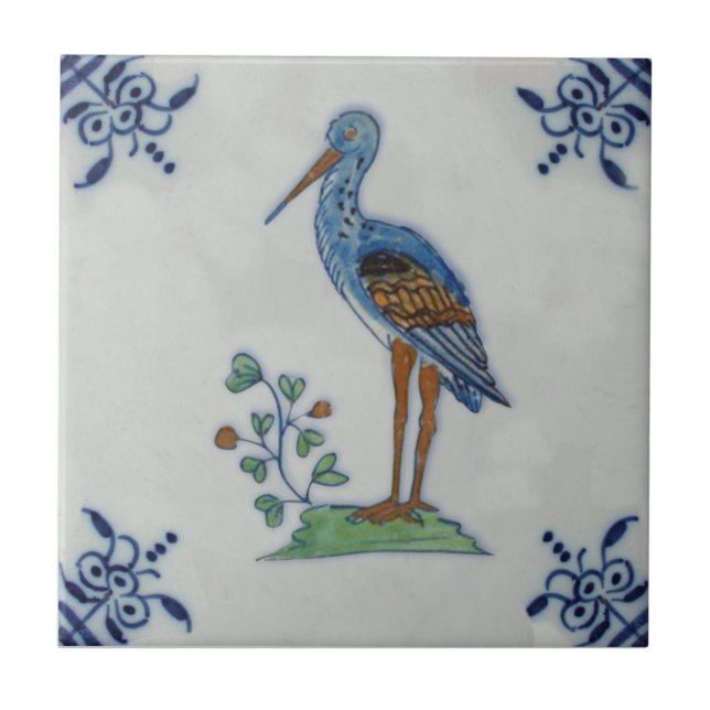 18th Century Delft Polychrome Stork? Heron? Repro Tile (Front)