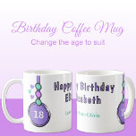 18th happy birthday name purple green coffee mug<br><div class="desc">special milestone Gift. Celebrate her 18th birthday, in style with this adorable purple and green coffee mug, sprinkled with love hearts! Perfect for morning brews or cozy cocoa moments, this mug is as unique as the birthday star. Cheers to adulthood! Make her day extra special with a gift from you...</div>