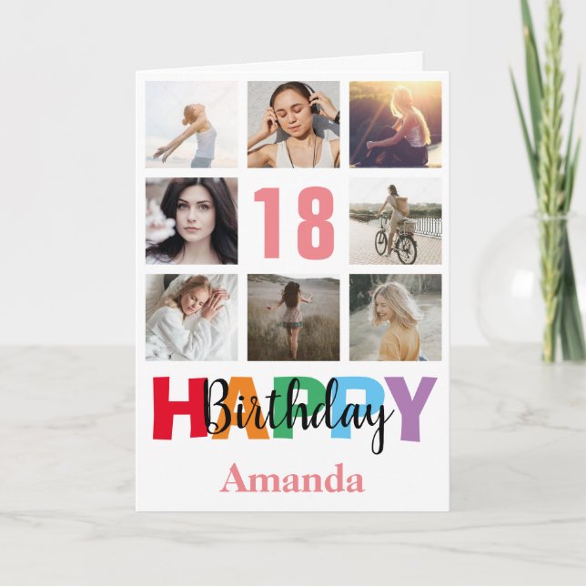 18th Happy Birthday Photo Collage Modern Pink Card (Front)