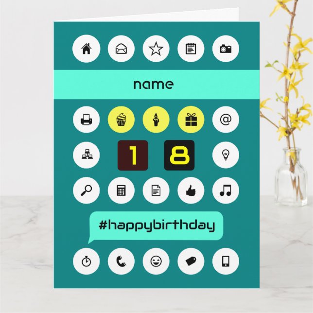 18th hashtag computing birthday add name large card (Yellow Flower)