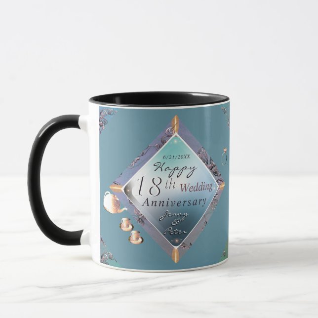 18th Porcelain, Cat's Eye, Acquamarine Anniversary Mug (Left)