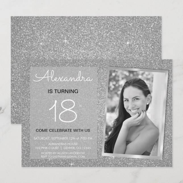 18th Sparkle Glitter Luxury Silver Photo Invitation (Front/Back)