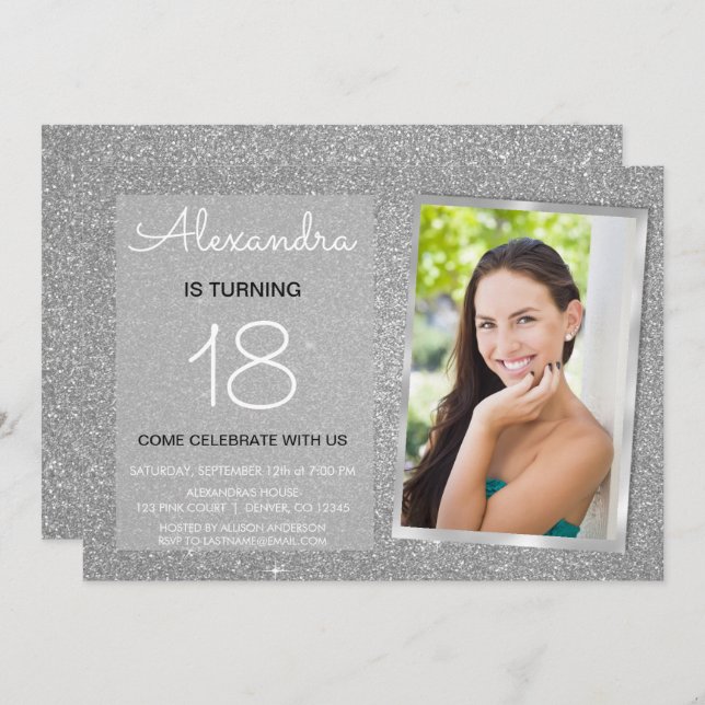 18th Sparkle Glitter Luxury Silver Photo Invitation (Front/Back)