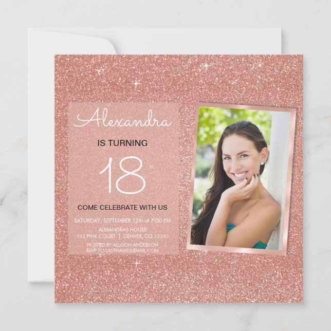 18th Sparkle Rose Gold Blush Pink Photo Invitation (Back)